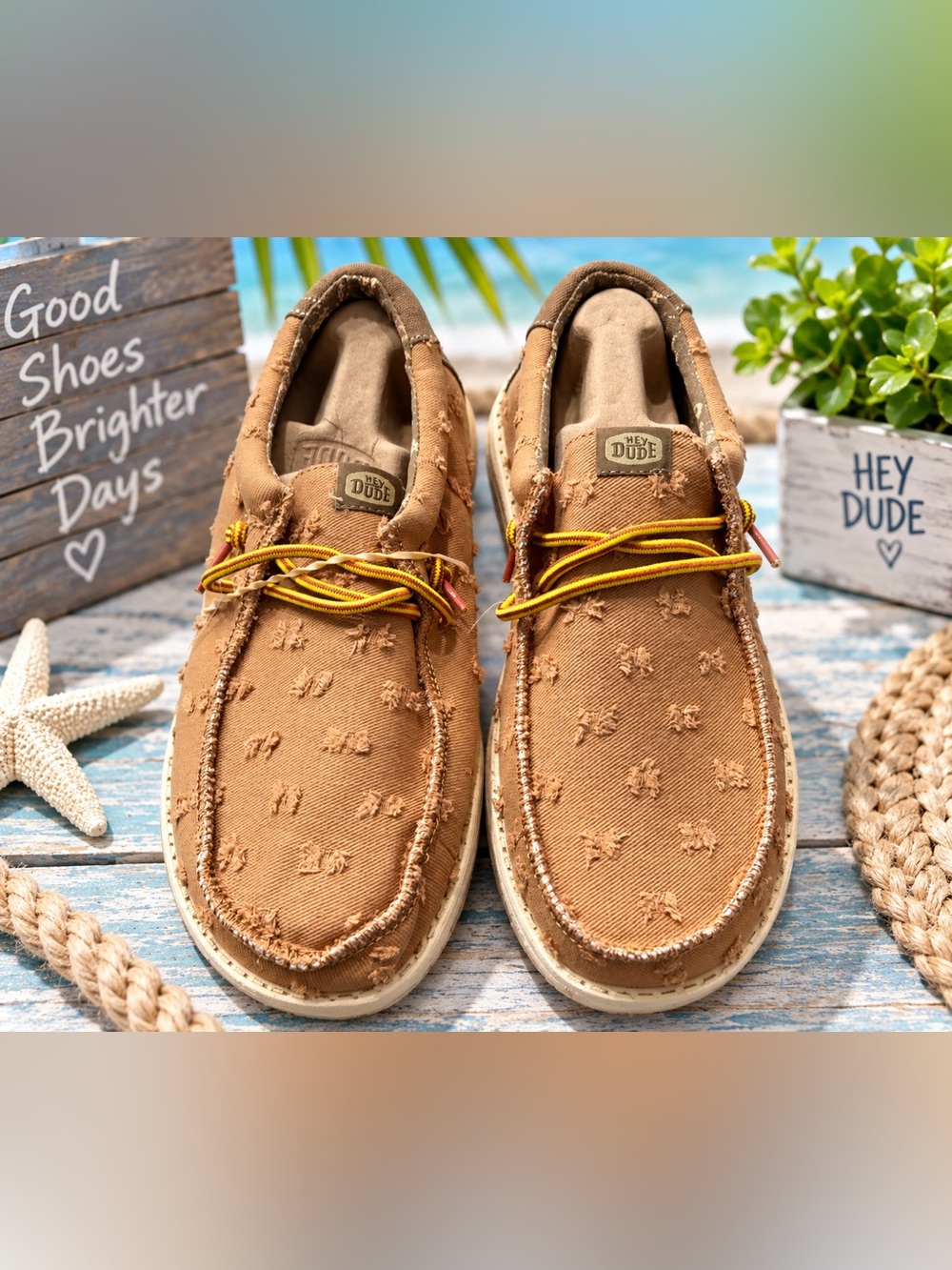 Hey Dude Men’s Wally Tan Distressed Textured Slip-On Shoes Brown